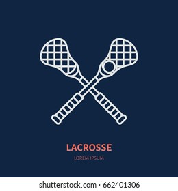Lacrosse vector line icon. Ball and sticks logo, equipment sign. Sport competition illustration.