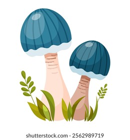 Lactarius indigo mushroom. Edible forest mushroom. Forest grass and leaves. Cartoon vector illustration on a white background.