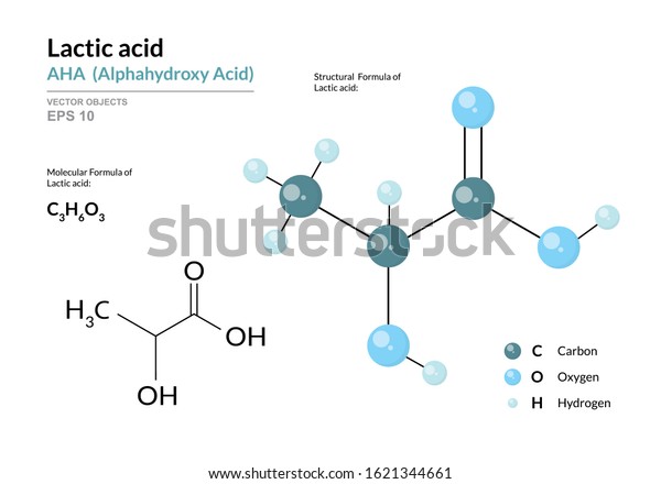Lactic acid. AHA Alphahydroxy acid.\
Structural chemical formula and molecule 3d model. Atoms with color\
coding. Vector\
illustration
