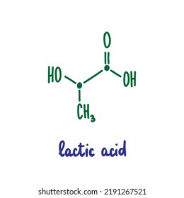 Lactic acid hand drawn vector formula chemical structure lettering blue green lettering