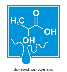 Lactic Acid icon - square with formula and milk drops. Blue isolated vector emblem