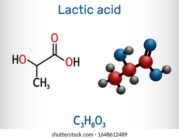 Lactic acid, lactate, milk sugar, C3H6O3 molecule. It is food additive E270 and alpha-hydroxy acid AHA.  Structural chemical formula and molecule model. Vector illustration