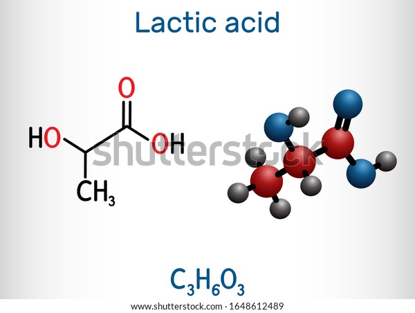 Lactic acid, lactate,\
milk sugar, C3H6O3 molecule. It is food additive E270 and\
alpha-hydroxy acid AHA.  Structural chemical formula and molecule\
model. Vector\
illustration