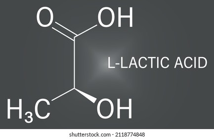 Lactic acid or L-lactic acid milk sugar molecule. Building block of polylactic acid or PLA bioplastic. Found in milk. Skeletal formula.