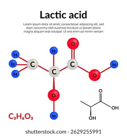 Lactic acid, molecular structure formula, ball-and-stick model, suitable for education or chemistry science content. Vector illustration