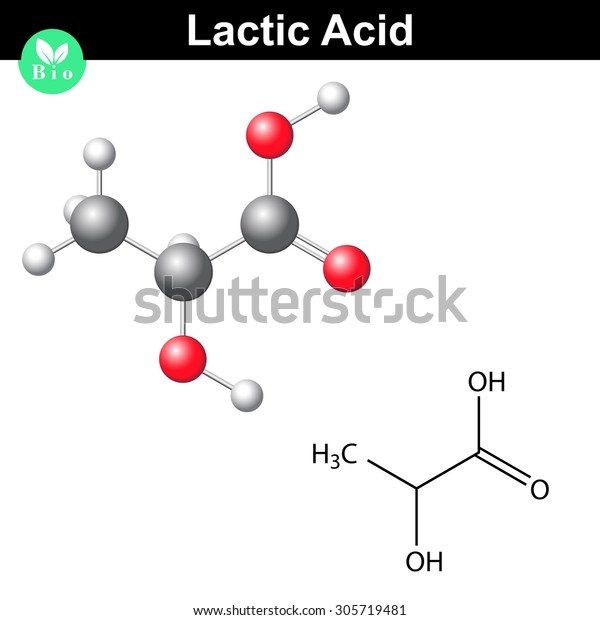 Lactic\
acid molecule, lactate, structural chemical formula and model, 2d\
and 3d vector, isolated on white background, eps\
8