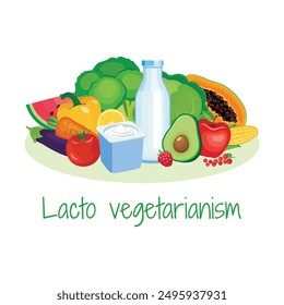 Lacto vegetarianism diet food icon set vector. Fruits, vegetables, milk and yogurt vector illustration. Pile of healthy fresh food drawing. Lacto-vegetarian food icon set on a white background