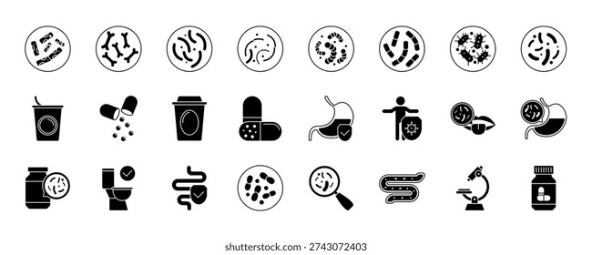 Lactobacilli icons set. Maintaining good digestive health with probiotics, enhancing immunity, and preventing infections with healthy food and medicine. eps 10