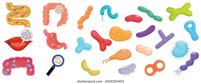 Lactobacilli icons set vector. A collection of cartoonish drawings of various body parts and germs
