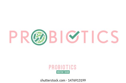 Lactobacillus Probiotics Typographic Icon. Normal gram-positive anaerobic microflora sign. Editable vector illustration. Light green, pink colors. Modern style. Medical, healthcare, scientific concept