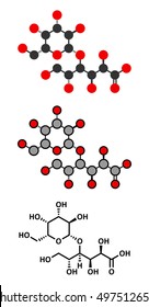 Lactobionic acid (lactobionate) molecule. Stylized 2D renderings and conventional skeletal formula. Commonly used additive in food products, medicinal products and cosmetics.