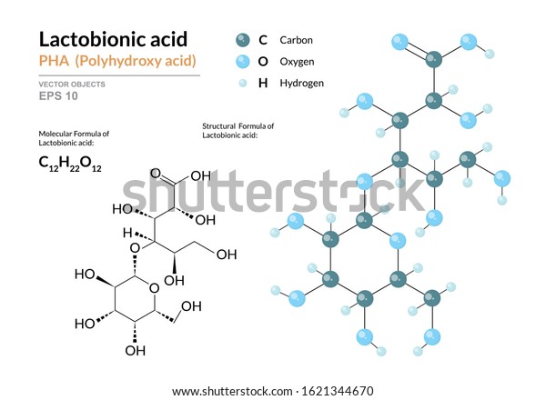 Lactobionic acid. PHA Polyhydroxy acid.\
Structural chemical formula and molecule 3d model. Atoms with color\
coding. Vector\
illustration