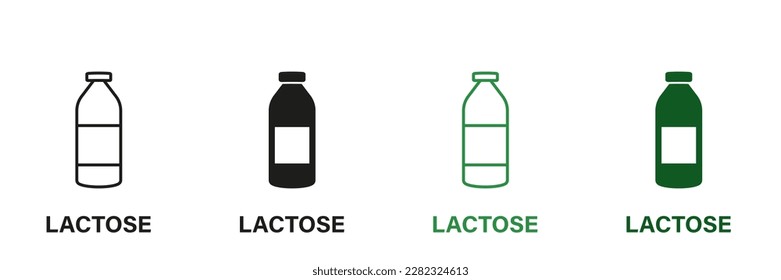 Lactose in Dairy Line and Silhouette Icon Set. Natural Milk in Bottle Green and Black Pictogram. Allergen Free, Intolerance Lactose Symbol Collection on White Background. Isolated Vector Illustration.