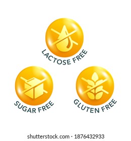 Lactose free 3D glossy pictogram, Sugar free, Gluten free - set of food packaging decoration element for healthy natural organic nutrition