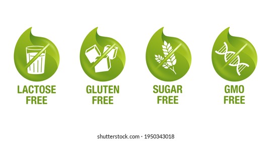 Lactose free 3D green pictograms, Sugar free, Gluten free, GMO free - set of food packaging decoration element for healthy natural organic nutrition