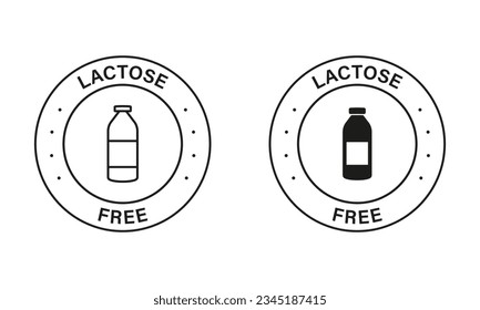 Juego de sellos negros sin lactosa. Etiqueta del ingrediente alérgico. 100 Por Ciento Icono De Alimentos Lácteos Gratuitos. Símbolo de lactosa libre de producto natural ecológico. No hay lactosa en el logotipo de la leche. Ilustración de vectores aislados.
