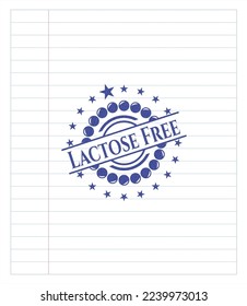 Lactose Free emblem draw with pen effect. Blue ink. Vector Illustration. Detailed. 