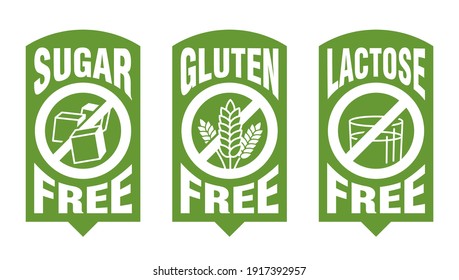 Lactose free flat green sticker, Sugar free, Gluten free - set of food packaging decoration element for healthy natural organic nutrition