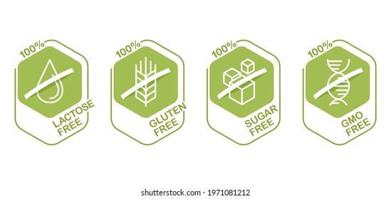 Lactose free flat hexagonal pictograms set, Sugar free, Gluten free, GMO free. Pictograms for food packaging decoration element for healthy natural organic nutrition