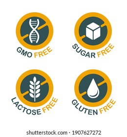 Lactose free flat icon, Sugar free, Gluten free, GMO free - set of food packaging decoration element for healthy natural organic nutrition