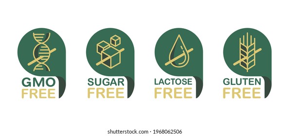 Lactose free flat pictogram set, Sugar free, Gluten free, GMO free. Pictograms for food packaging decoration element for healthy natural organic nutrition