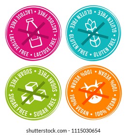 Lactose free, Gluten free, Sugar free and 100% vegan Badges. Eps10 Vector.