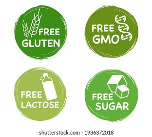 Lactose free. Gluten free. Sugar free. GMO free. Healthy, Organic, natural. Set of stickers of common allergens. Label for healthy daily food, used for packaging design. Food intolerance symbols
