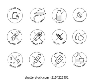 Lactose free, gluten, wheat, sugar and salt free icons. A set of icons ready to use in your design. Vector icons can be used on different backgrounds. EPS10.	