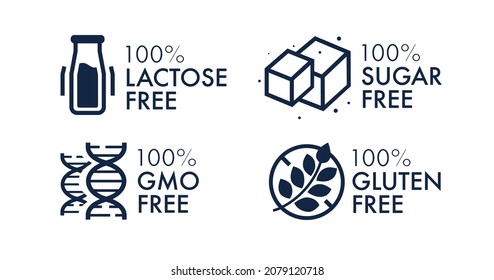 Lactose free, gmo free, sugar free, gluten free vector label set for food emblem, stamps, seals, badges, packaging. Healthy natural organic product. 10 eps