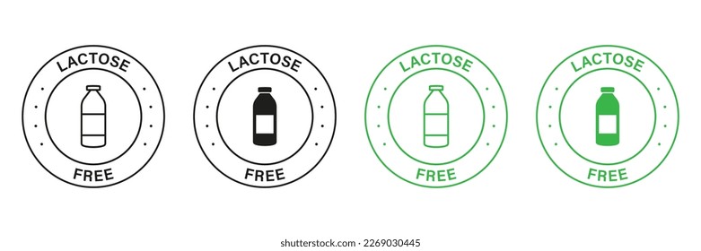 Lactose Free Green and Black Stamp Set. 100 Percent Free Dairy Food Icon. Allergen Ingredient Label. Eco Natural Product Free Lactose Symbol. No Lactose in Milk Logo. Isolated Vector Illustration.