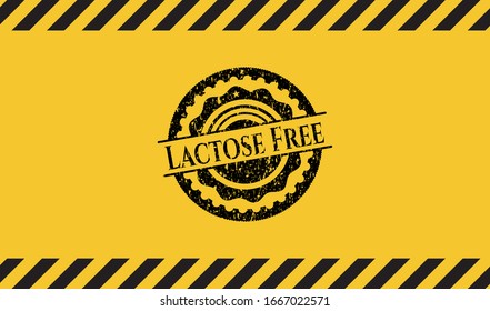 Lactose Free grunge black emblem with yellow background, warning sign. Vector Illustration. Detailed.