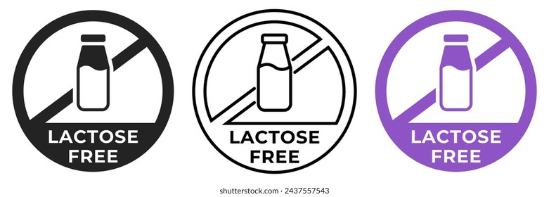 Lactose free icon. No lactose forbidden label. Dairy free ban or prohibition logo, illustration, badge, symbol, stamp, sticker, emblem or seal isolated.