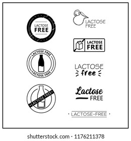 Lactose free icons on white background. Lactose-free drawn isolated sign icon set. Healthy lettering symbol of lactose free. Black and white lactose-free vector logos for products.