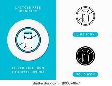 Lactose free icons set vector illustration with solid icon line style. Cow milk bottle ban concept. Editable stroke icon on isolated white background for web design, infographic and UI mobile app.