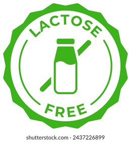 Lactose-freie Label-Vektor-Icon-Illustration für Produktverpackung. Molkereifreies grünes Logo, Symbol, Abzeichen, Tag oder Emblem isoliert im Kreis-Design. Stempel, Siegel, Aufkleber, Kennzeichnung oder Etikett von Nicht-Lactose-Produkten.