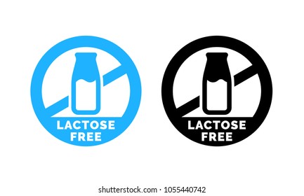 Lactose free logo icon. Vector contains no lactose label for healthy daiy food product package. Blue and black cow milk bottle sign design element