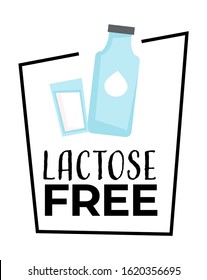Lactose free milk isolated icon, bottle label template, milk ingredient intolerance vector. Alternative natural product sticker or badge, bottle and glass. Special nutrition for allergic people