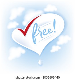Lactose free natural fresh milk splash logo. Heart symbol on blue sky with clouds.