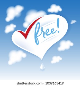 Lactose free natural fresh milk splash logo. Heart symbol on blue sky with clouds.