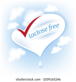 Lactose free natural fresh milk splash logo. Heart symbol on blue sky with clouds.