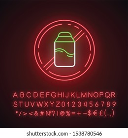 Lactose free neon light icon. Hypoallergenic milk. Organic drink. Product free ingredient. Personal healthcare. Glowing sign with alphabet, numbers and symbols. Vector isolated illustration