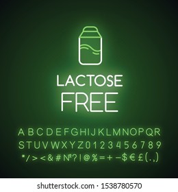 Lactose free neon light icon. Hypoallergenic milk. Organic drink. Product free ingredient. Personal healthcare. Glowing sign with alphabet, numbers and symbols. Vector isolated illustration