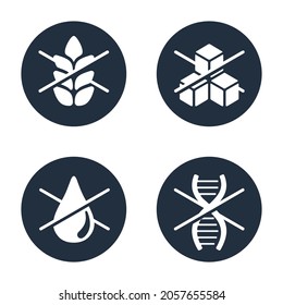 Lactose free, Non-Sugar, Gluten free, non-GMO flat pictograms set of food packaging decoration element for healthy natural organic nutrition