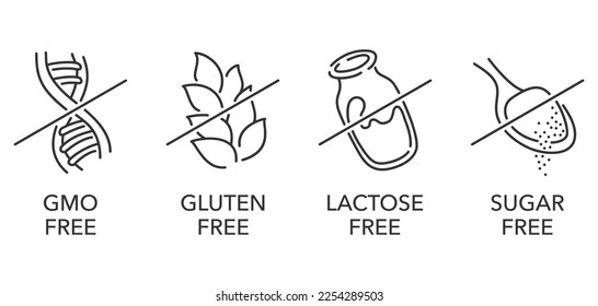 Lactose free pictograms in thin line. Sugar free, Gluten free, GMO free - set of food packaging decoration element for healthy natural organic nutrition