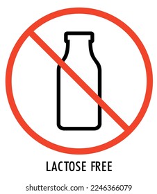 Lactose free sign, icon, logo. Vector lactose free label for  healthy food packaging. Round badge with milk bottle crossed out. Lactose intolerance. Food packaging symbol. Vector illustration