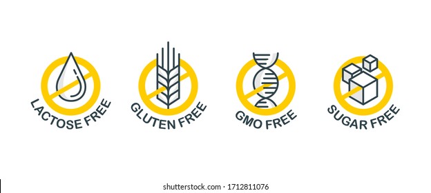 Lactose free sign, Sugar free, Gluten free, GMO free - set of vector attention tags - food packaging decoration element for healthy natural organic nutrition - Shutterstock ID 1712811076