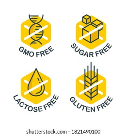 Lactose free sign, Sugar free, Gluten free, GMO free - set of yellow hexagon vector attention tags - food packaging decoration element for healthy natural organic nutrition