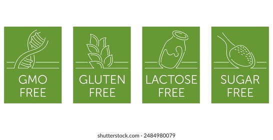 Lactose free square labels in thin line. Sugar free, Gluten free, GMO free - set of food packaging decoration element for healthy natural organic nutrition