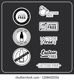 Lactose free stickers on white background. Lactose-free drawn isolated sign icon set. Healthy lettering symbol of lactose free. Black and white lactose-free vector logos for products.