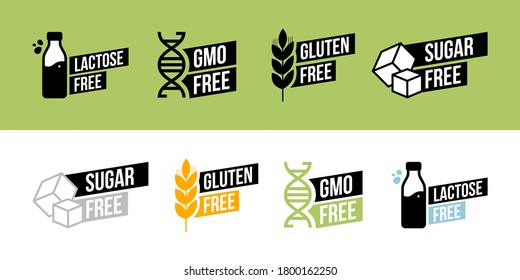 Lactose free, Sugar free, Gluten free, GMO free vector labels for food emblems designs, can be used as stamps, seals, badges, for packaging. Decorative element for healthy natural organic nutrition